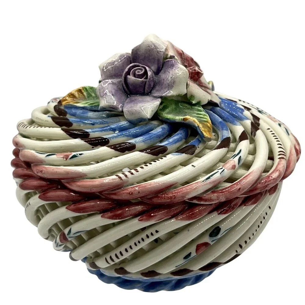Vtg Hand Painted Spanish Porcelain Trinket Box Twig Style Basket Bloomcore Spain